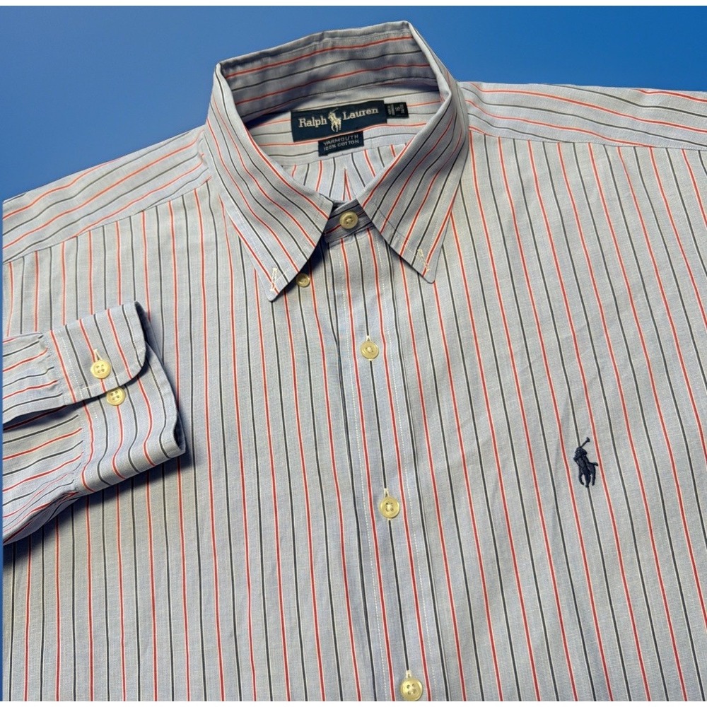 Ralph Lauren Yarmouth Oxford Shirt 16 34/35 Blue Red Stripe Button Pony Logo